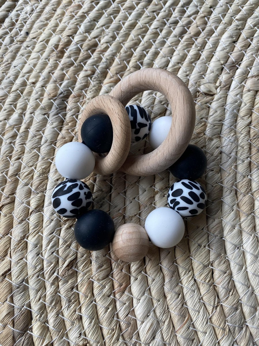 SIIDDS Bijtring/rammelaar - zwart - dalmatiër - wit - baby - doorkomende tandjes - bijt speelgoed - siliconen/hout - cadeau - kraamcadeau - babyshower