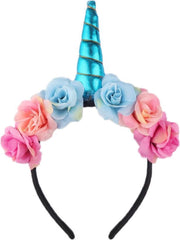 Bloemen eenhoorn haarband blauw unicorn diadeem - blauwe hoorn glitter - bloemetjes roze lichtroze blauw festival