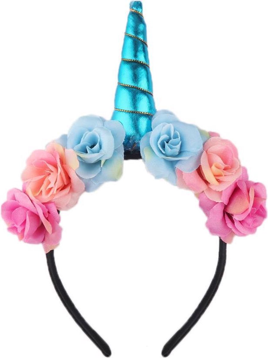 Bloemen eenhoorn haarband blauw unicorn diadeem - blauwe hoorn glitter - bloemetjes roze lichtroze blauw festival