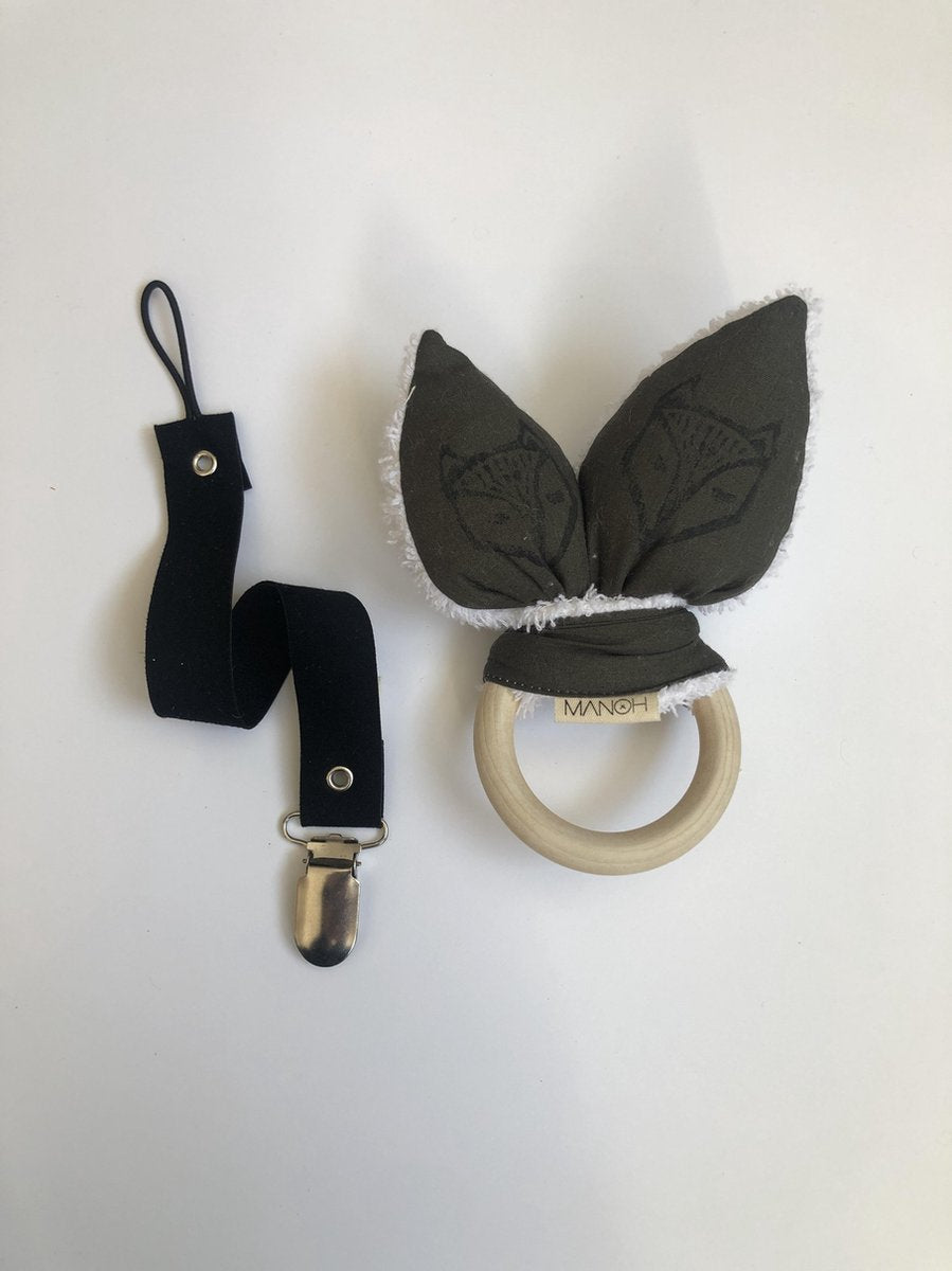 Babygeschenkset kraamcadeau kraampakket babygift rammelaar speenkoord leer groen zwart