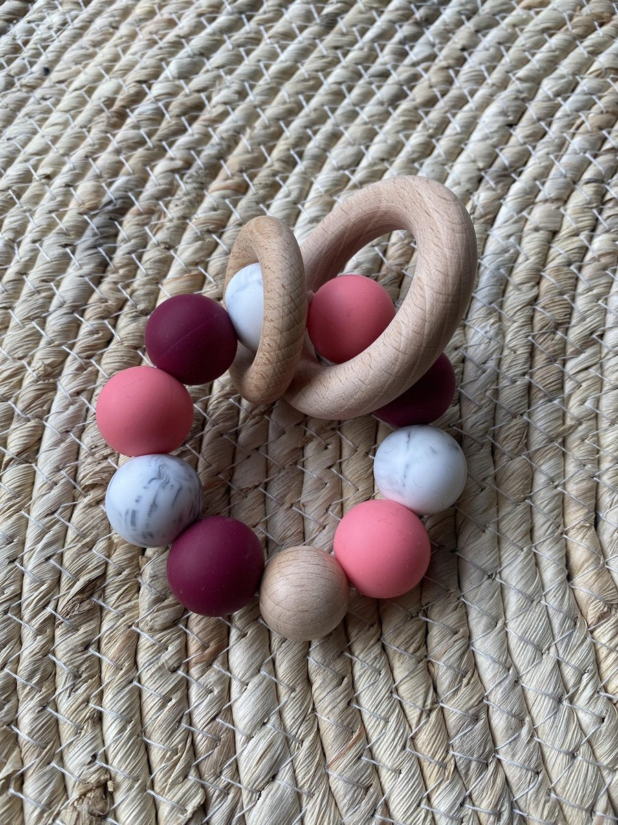 SIIDDS Bijtring/rammelaar wijnrood - marmer - flamingo roze - baby - doorkomende tandjes - bijt speelgoed - siliconen/hout - cadeau - kraamcadeau - babyshower