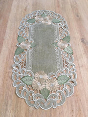 Tafelkleed serie: Linnenlook Groen met bloemen - Loper 70 cm