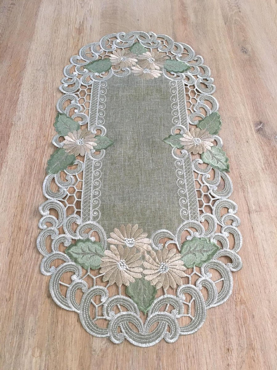 Tafelkleed serie: Linnenlook Groen met bloemen - Loper 70 cm