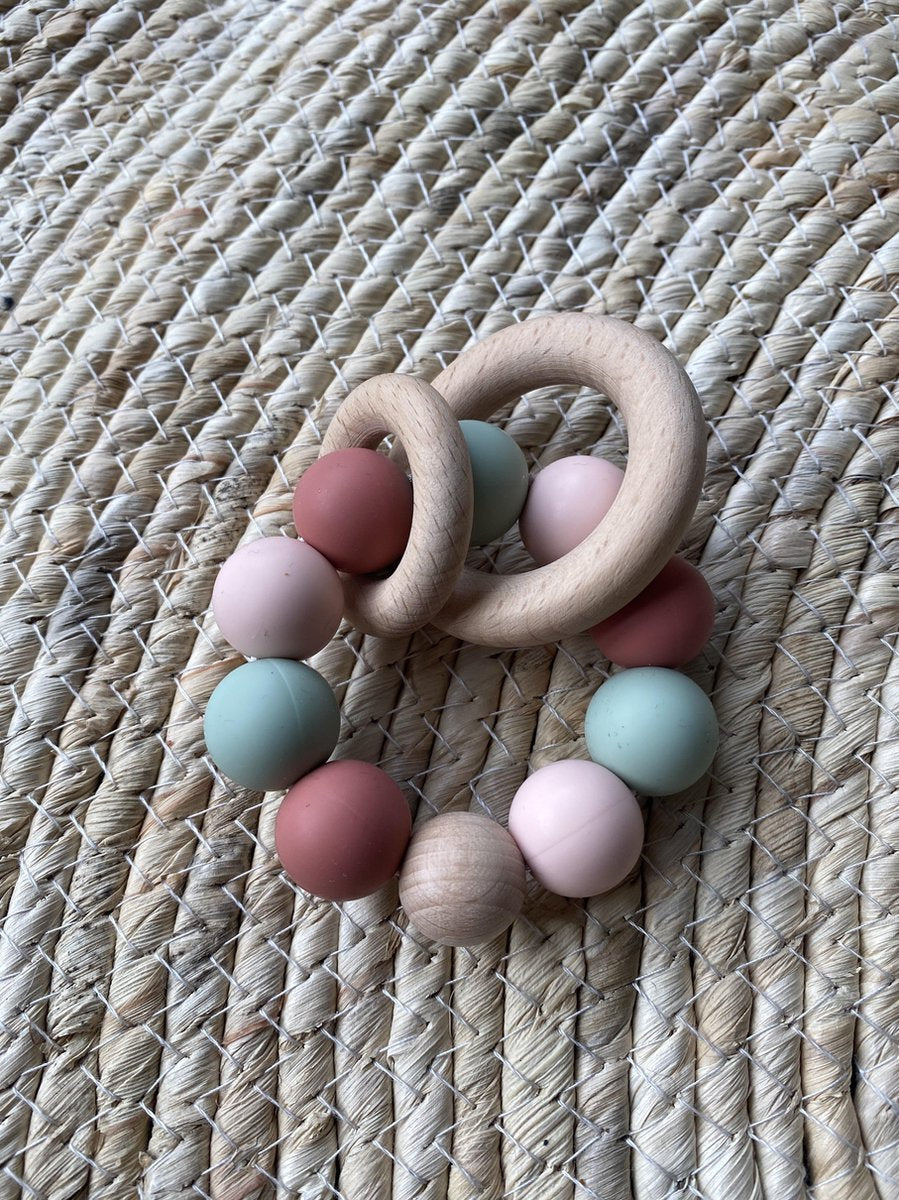 SIIDDS Bijtring/rammelaar - oud mint - blush - klei - baby - doorkomende tandjes - bijt speelgoed - siliconen/hout - cadeau - kraamcadeau - babyshower