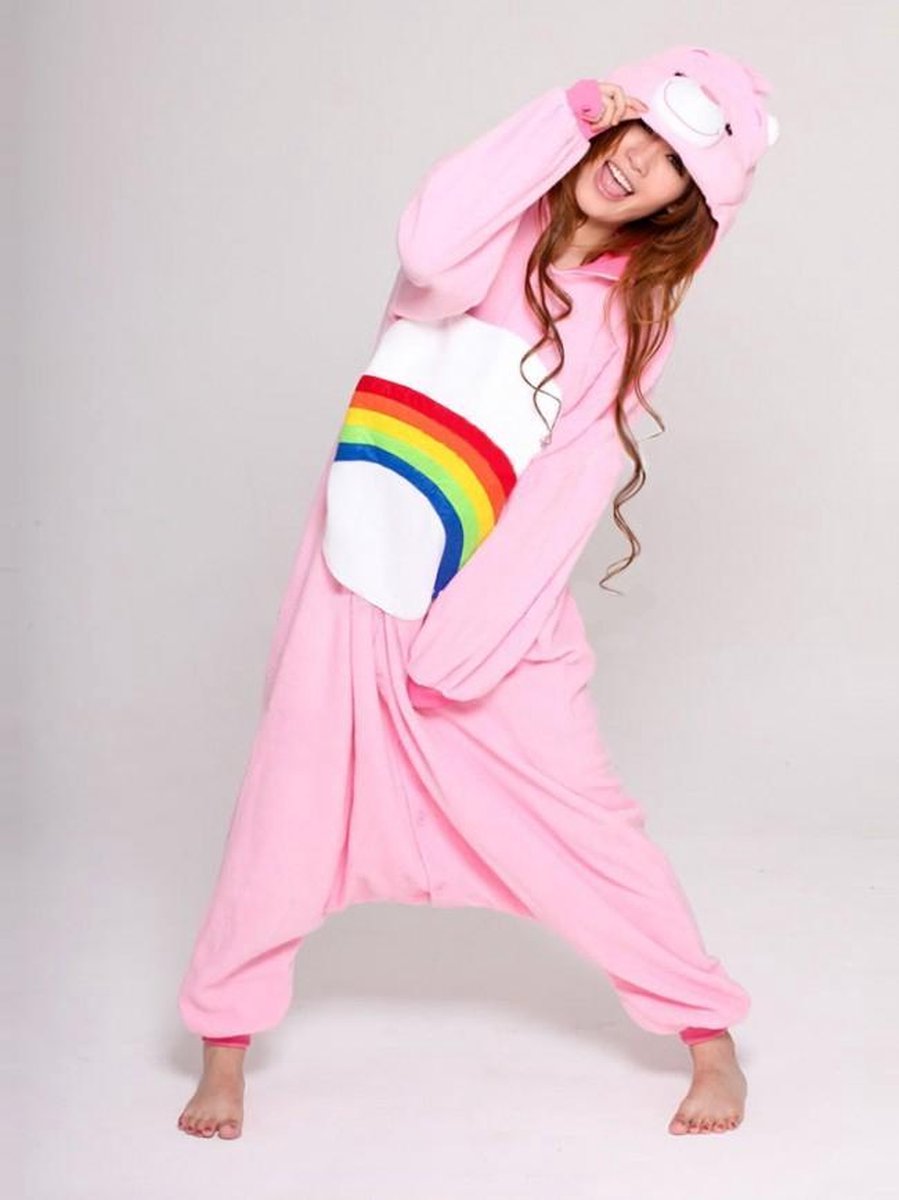 KIMU Onesie Troetelbeer roze regenboog - maat M-L - Troetelbeertjes pak kostuum Cheer Bear berenpak beer jumpsuit
