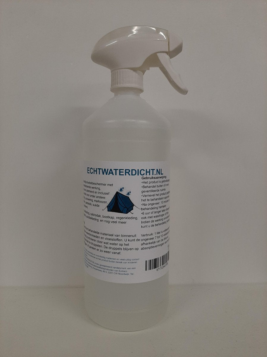 ECHTWATERDICHT.NL 1 LITER voor tenten. ECHT WATERDICHT is een zeer hoogwaardig impregneermiddel met perfecte waterafstotende werking