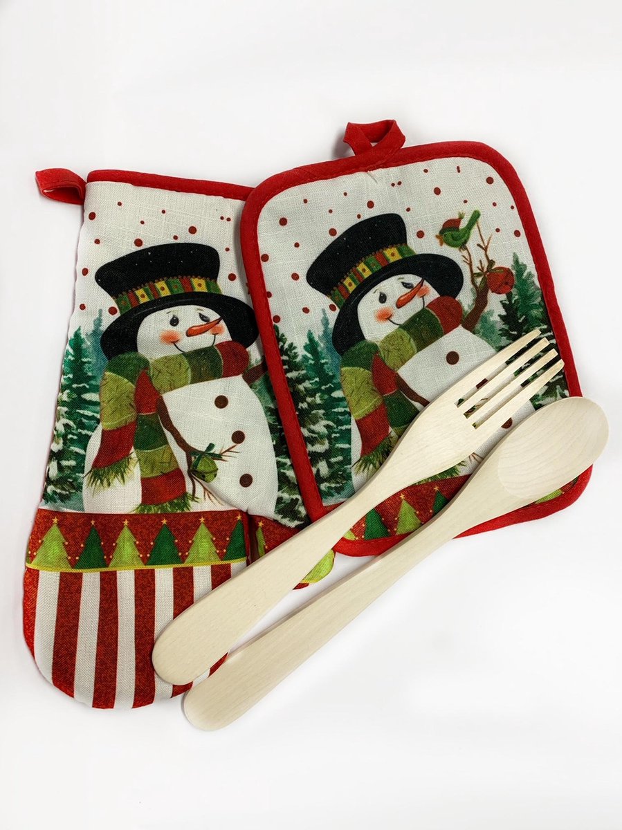 Set - Pannenlap-Ovenwant-Lepelset -Keukenset - Kerst - 4 delig - met Sneeuwpop