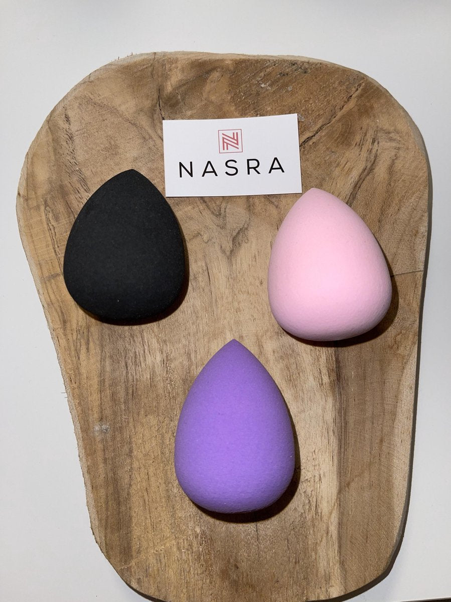 Nasra- Beauty Blender- Make-up Spons- Hoogwaardig kwaliteit- Roze- Paars- Zwart- Set 3 stuks
