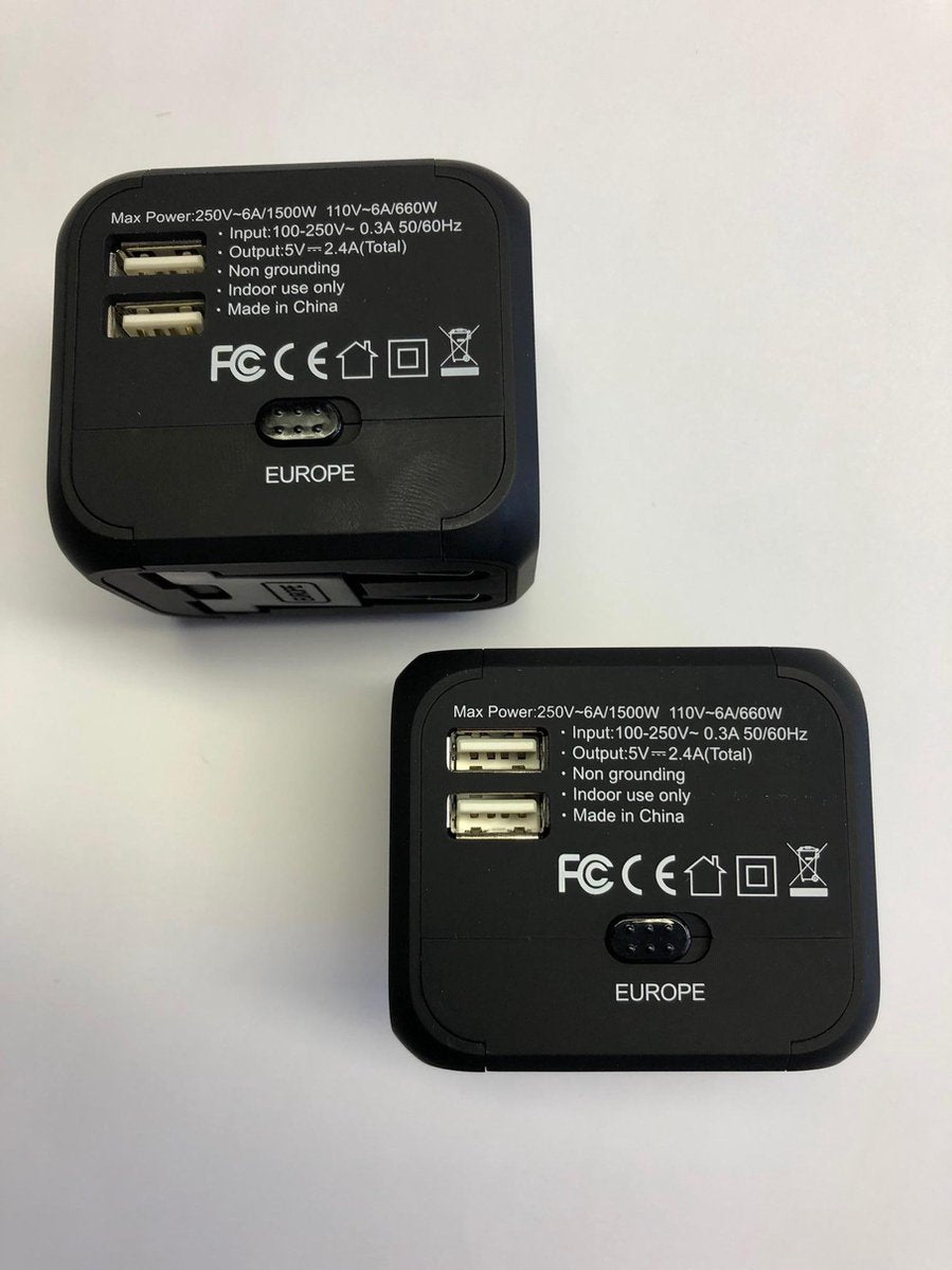 2 stuks Wereld- of reisstekker Universeel met zekering - 2 USB poorten - geschikt voor 150+ landen - Zwart