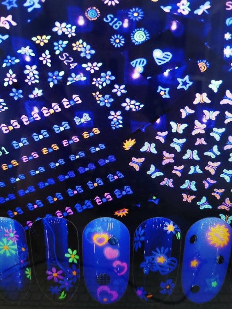23 stuks  Fluorescerende Kleuren Nail Stickers Vlinder Bloem Ster Cartoon Decoratie Decal 3D Nail Art stickers