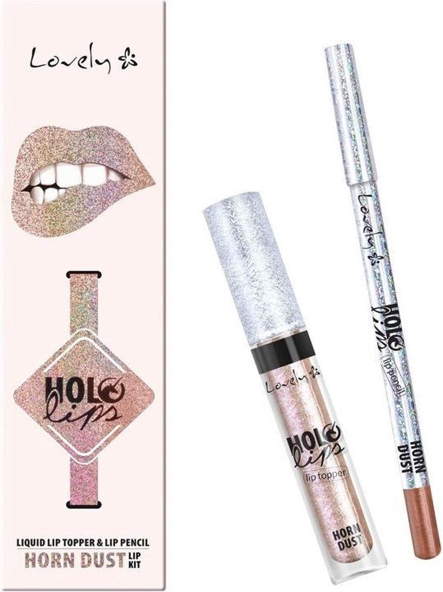 Lovely - Holo Lips Liquid Lip Topper & Lip Pencil Multifunctional Lip Makeup Set 1 Horn Dust