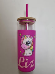 Gepersonaliseerde drinkfles unicorn - eigen naam - meisje - roze - met rietje - drinken - fles - gekoeld - grip - deksel - halve liter