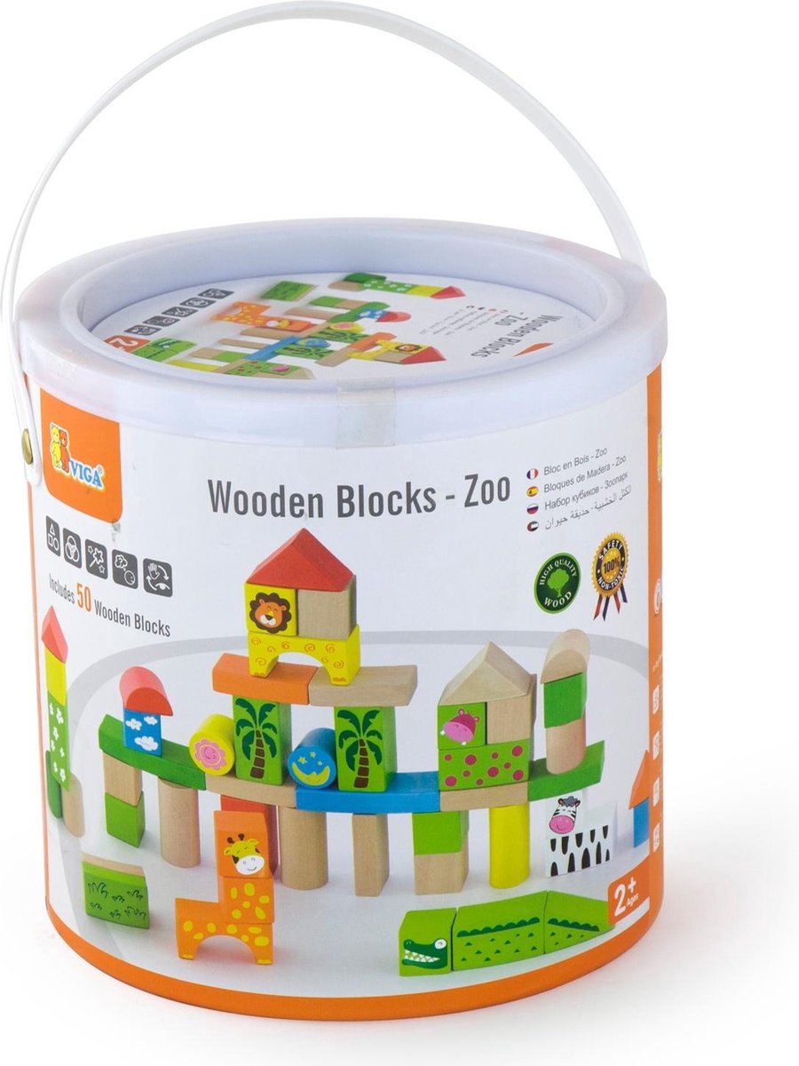 Viga Toys - Bouwblokken in ton - Dierentuin - 50 stuks