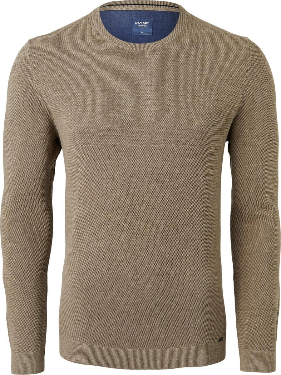 OLYMP modern fit trui katoen - O-hals - camel structuur -  Maat: 3XL