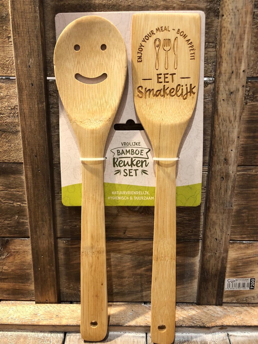 Bamboe keukenset met tekst: Eet smakelijk
