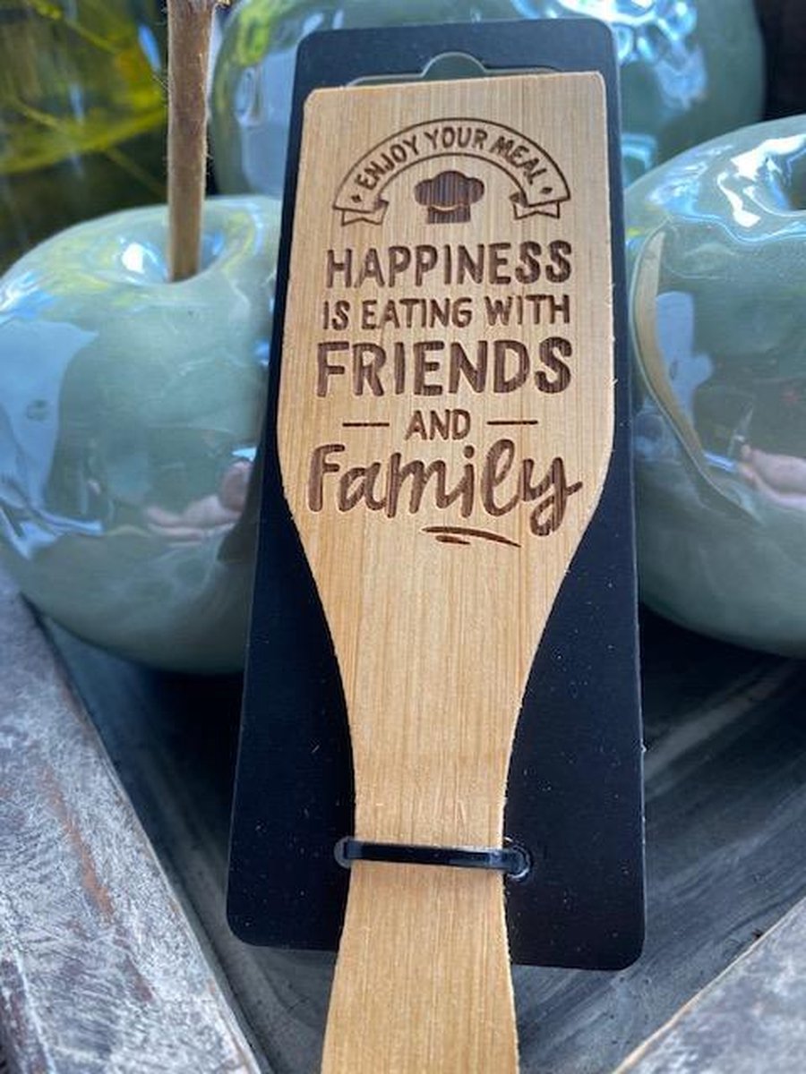 Gourmetspatel / gourmet / Tekst op hout; Happiness is eating with friends and family / vriendschap / vaderdag / moederdag / cadeau / verjaardag / gourmetten