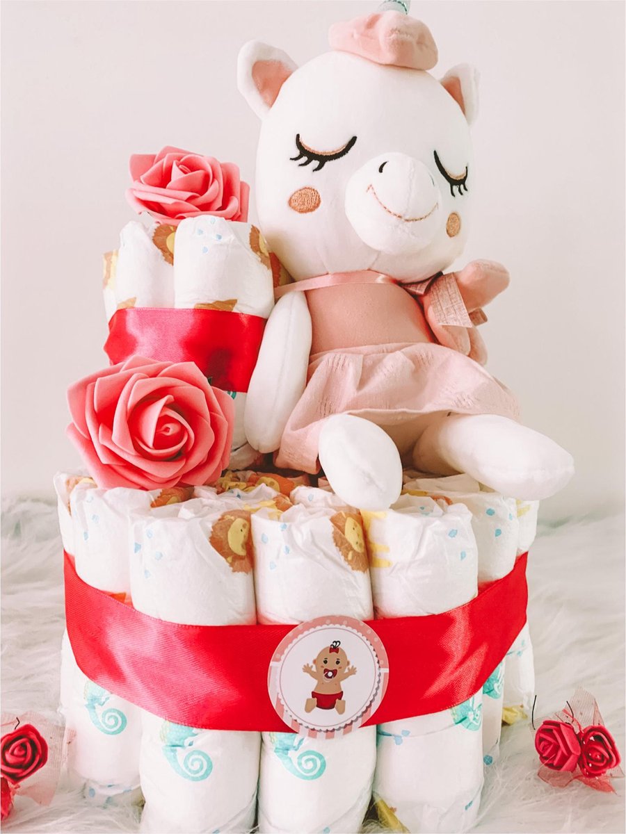 Luiertaart meisje - luiertaart - kraamcadeau meisje - luiertaart unicorn - 2 laags - 30 Luiers