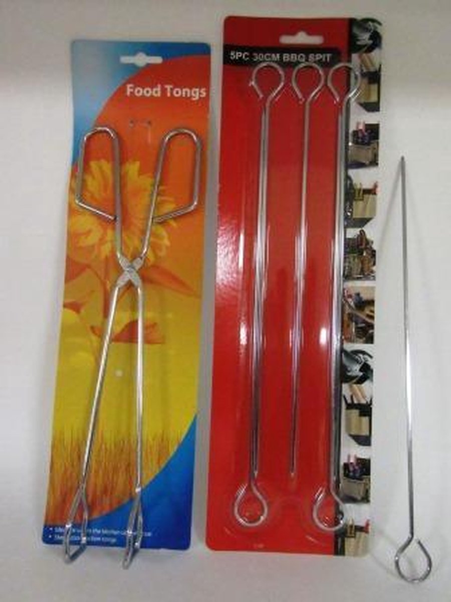 Barbequetang met set van 5 Spiezen metaal