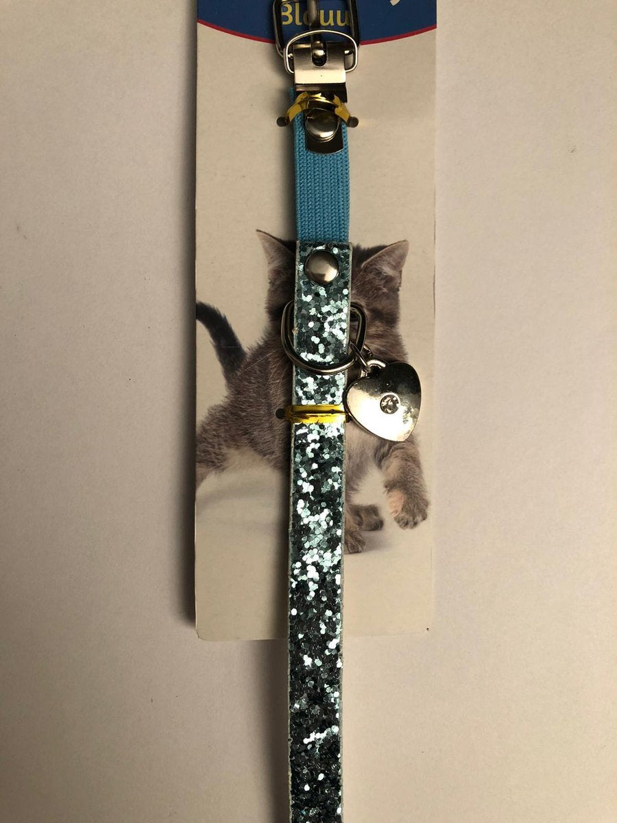 kattenhalsband blauw glitter / kattenbandje met zilver kleurig hartje 35 cm lang / kan worden ingekort
