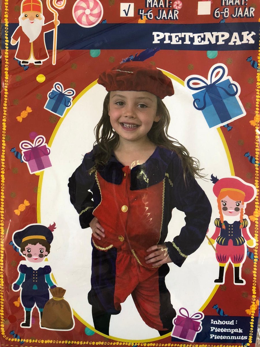 pieten kleding muts en cape rood blauw maat 6 - 8 jaar