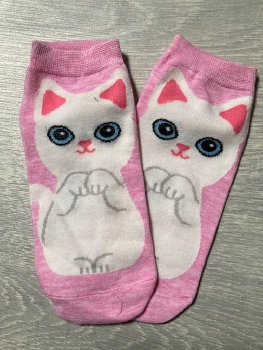 Roze enkelsokken Cartoon style met witte kat Unisex Maat 36-41