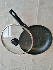 Aiwa zwarte pan 28 cm met glazen deksel - 3 laags marmeren coating