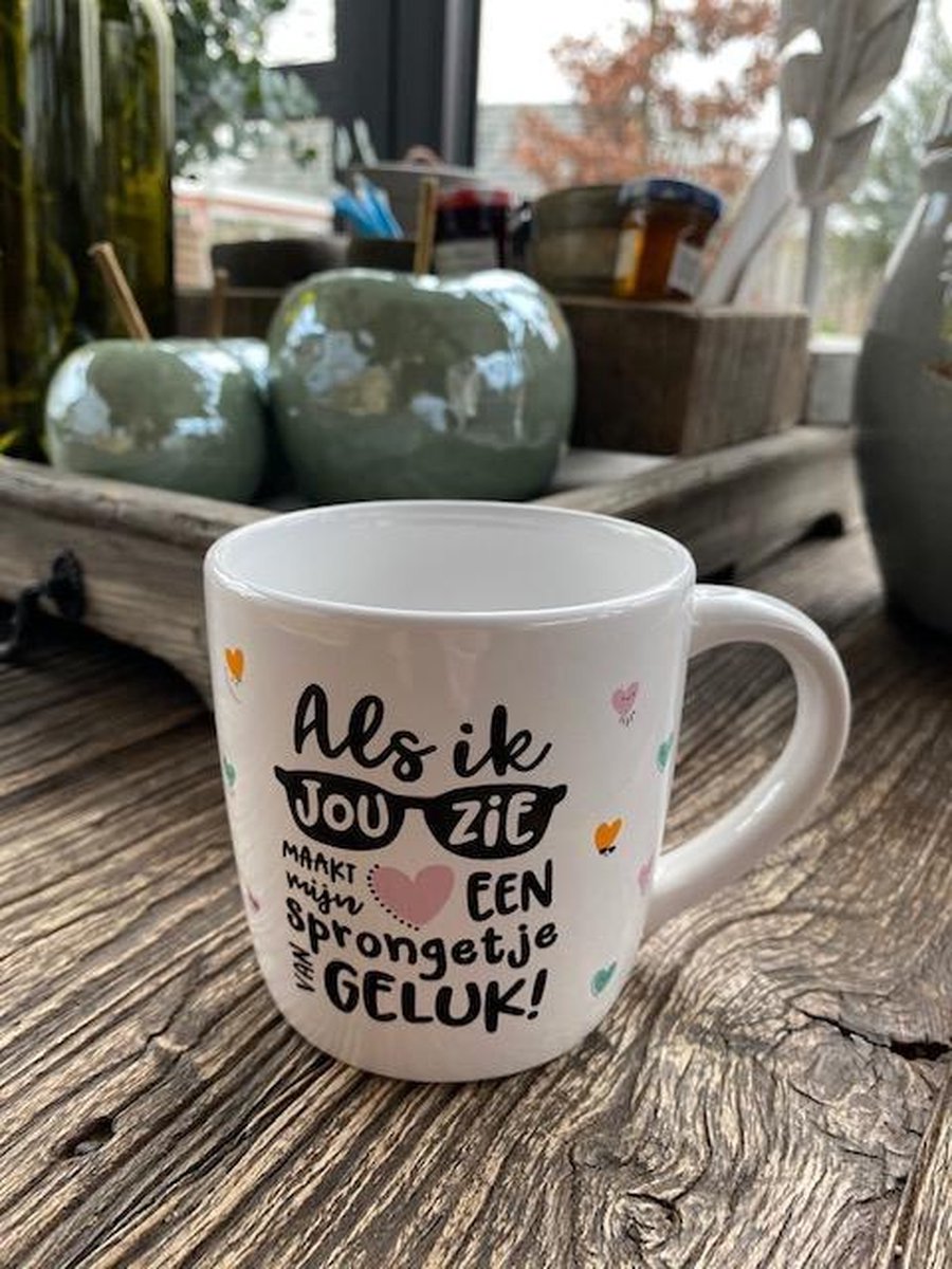 Mok met de tekst Als ik jou zie maakt mijn hart een sprongetje van geluk / cadeau / vaderdag / moederdag / verjaardag / Valentijnsdag / liefde / vriendschap