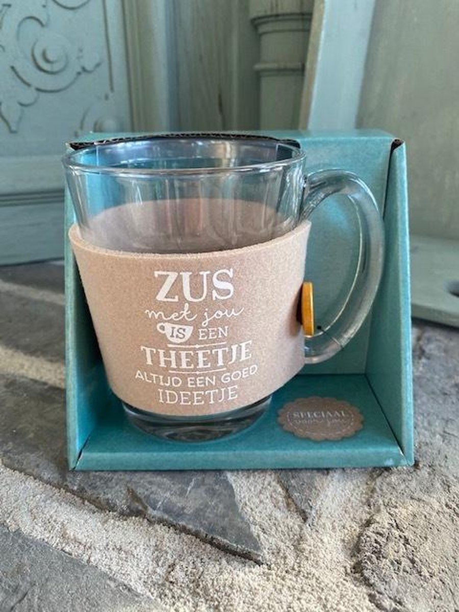 Theeglas / met tekst Zus met jou is een theetje altijd een goed ideetje / cadeau / verjaardag / kerstmis / vaderdag / moederdag / vriendschap