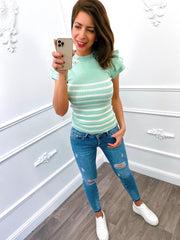 Button Streep Top Mint Groen