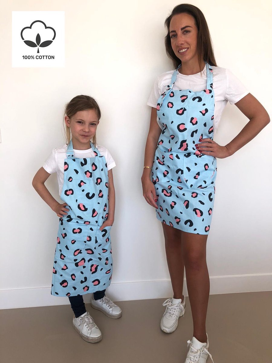 ESSENTIALS73 Keukenschort Blauw - keuken - schort - dames - Luipaard - leopard - bbq - koken - bakken - kookschort - knutselschort - katoen
