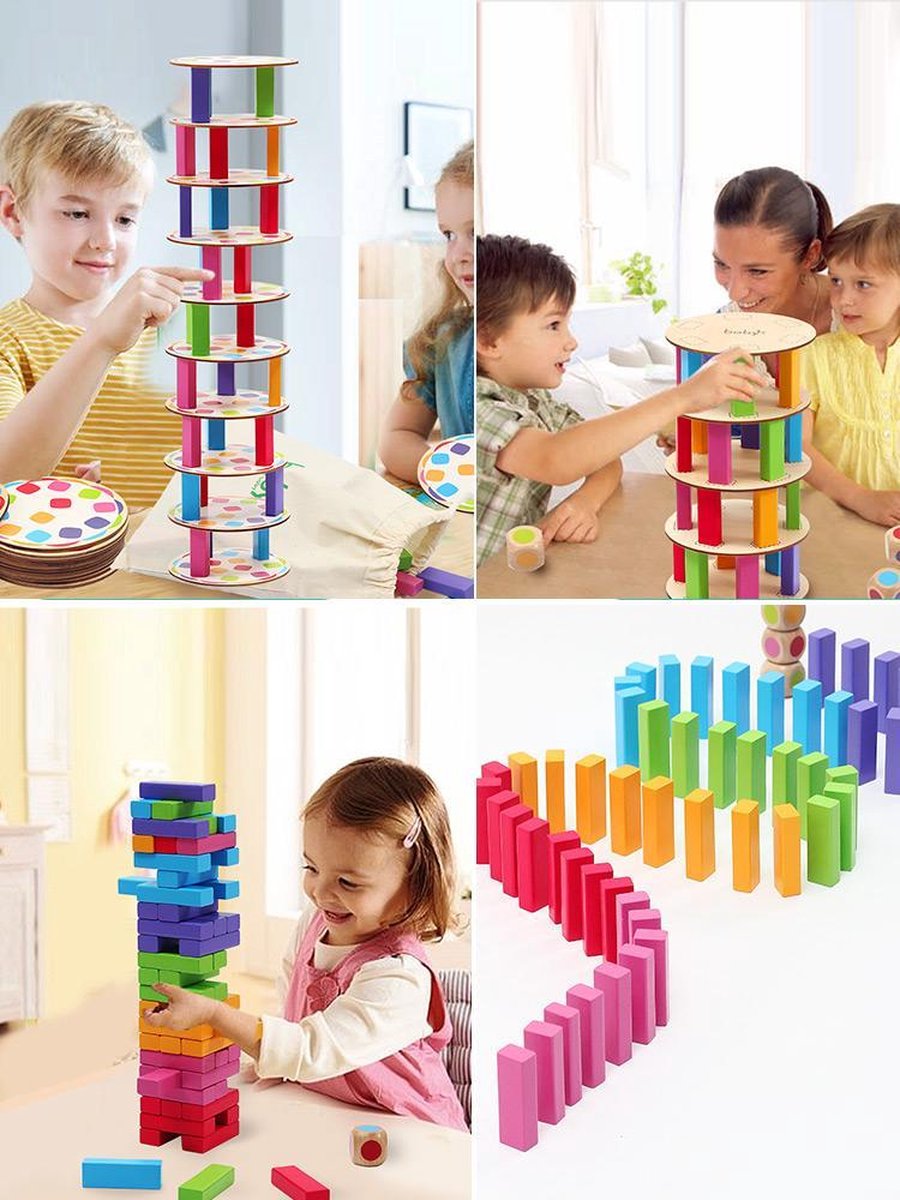 Boby 3-in-1 Houten stapelspel blokken 72 delige & Domino's & Kleuren matching game - Bouwstenen met dieren - Toren