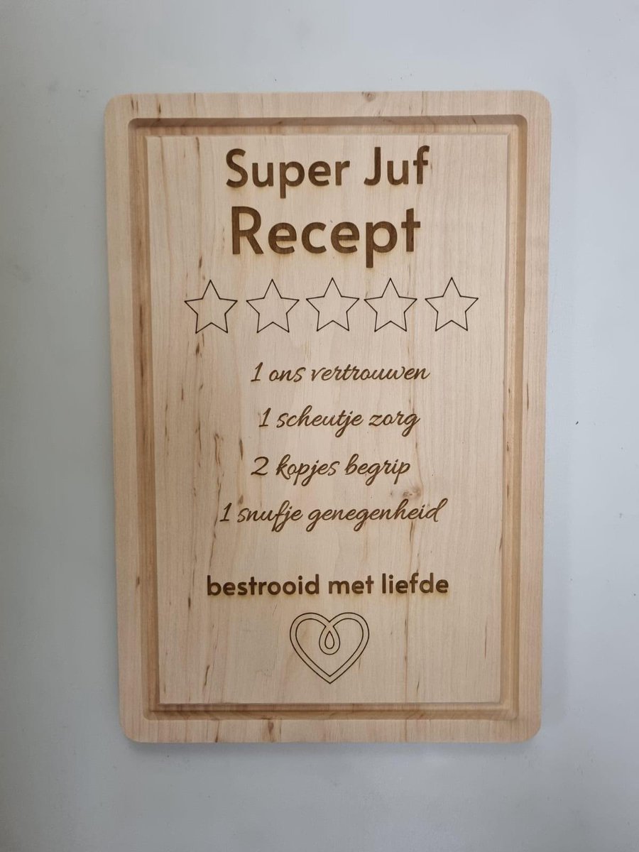 Snijplank voor de juf - broodplank - afscheid - cadeau - snijplank - hout - tekst - super juf recept - koken