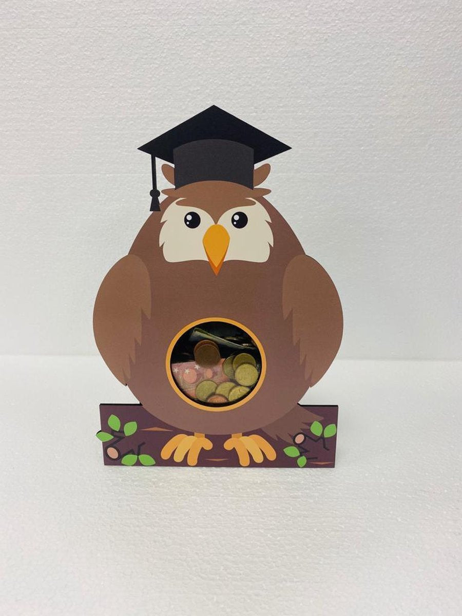 Spaarpot UIL hout | bruine kinderspaarpot met doorzichtig venster| Kinderkamer | Vogels| Dieren | Spaardoos | Spaarvarken | Kinderen | Kinderkamer decoratie | Jongens & Meisjes