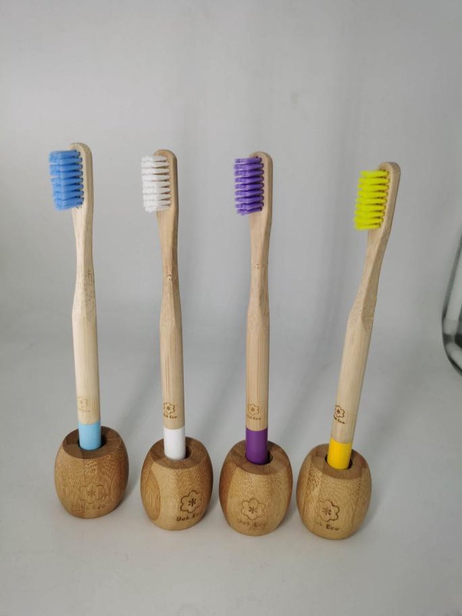 eco vriendelijke tandborstels bamboe met houders - 4 stuks per set - paars