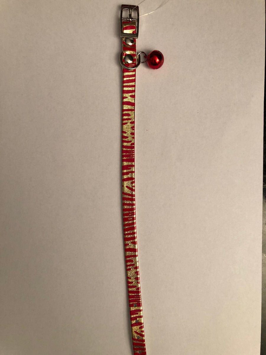 kattenhalsband goud rood tijger print / kattenbandje met kleurig bel 29 cm lang met belletje rood / kan worden ingekort