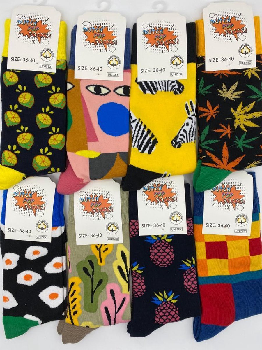 8 PAAR DUTCH POP SOCKS/GEKKE SOKKEN/GRAPPIGE SOKKEN/VROLIJKE SOKKEN/APARTE SOKKEN/SOKKEN PRINT/DIVERSE KLEUREN/GIFTBOX/UNISEX / MAAT 36-40