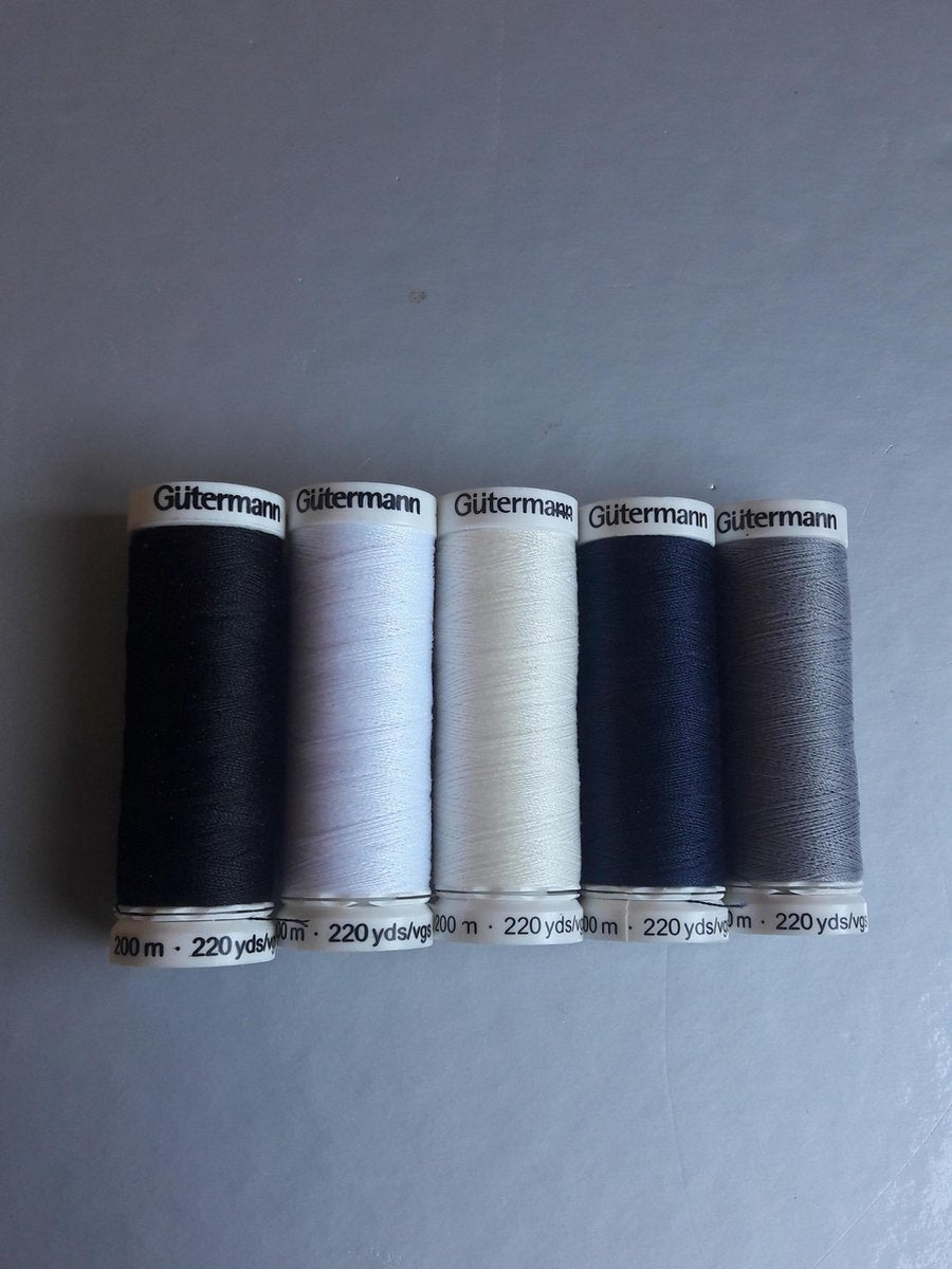 Gütermann allesnaaigaren 5 x 200 meter zwart/wit/off white / grijs/donker blauw