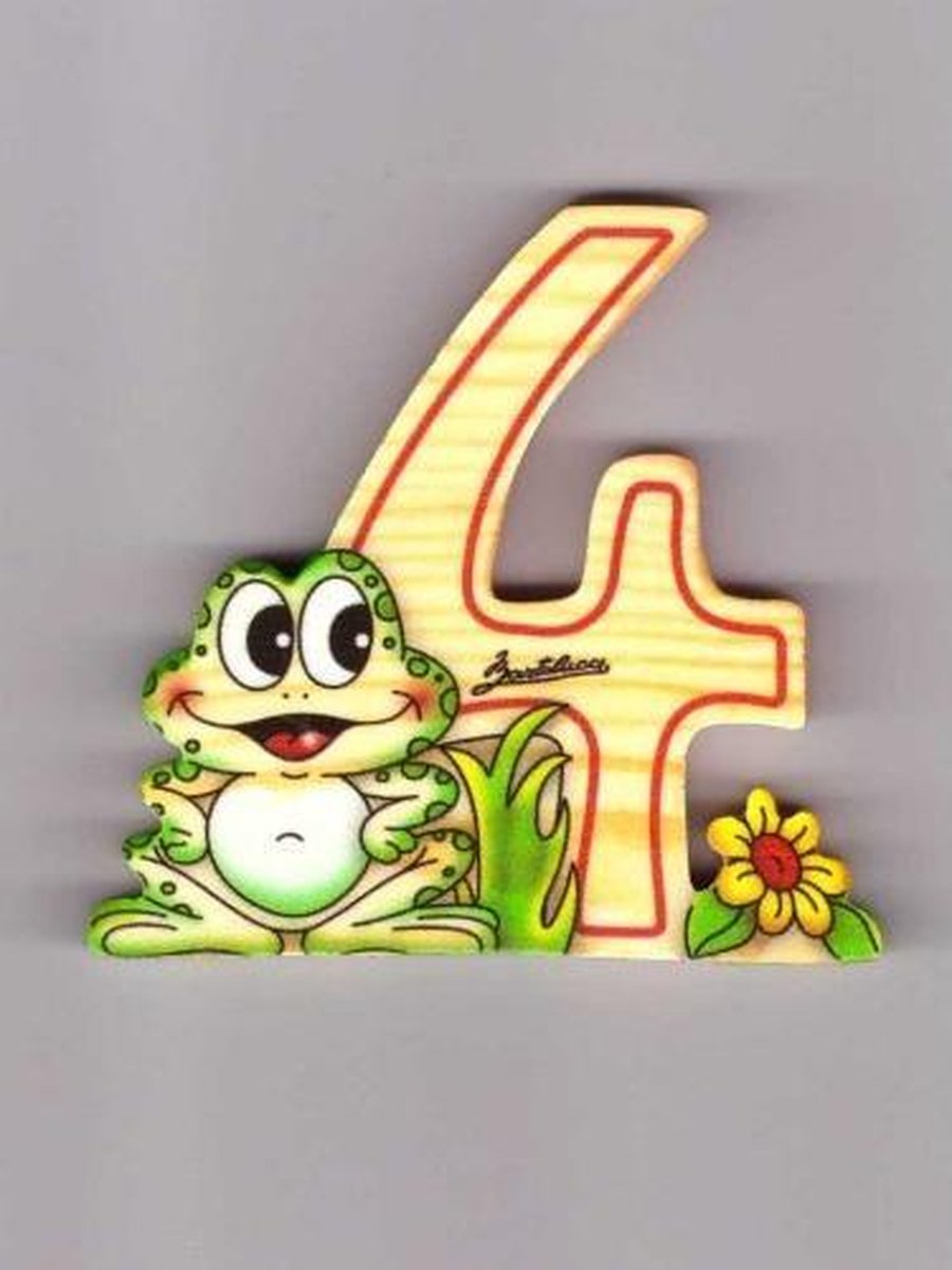 Cijfer 4 kikker met bloem hout Bartolucci