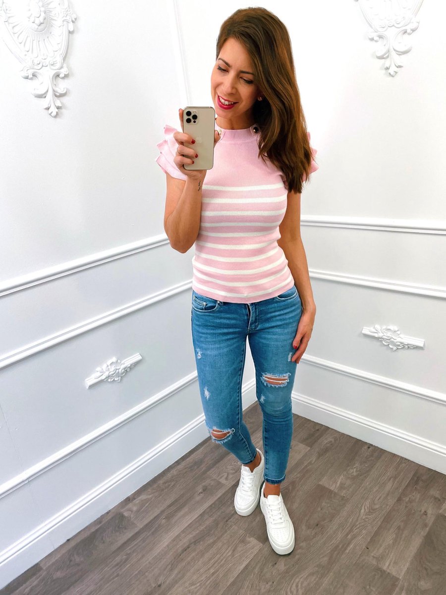 Button Streep Top Roze