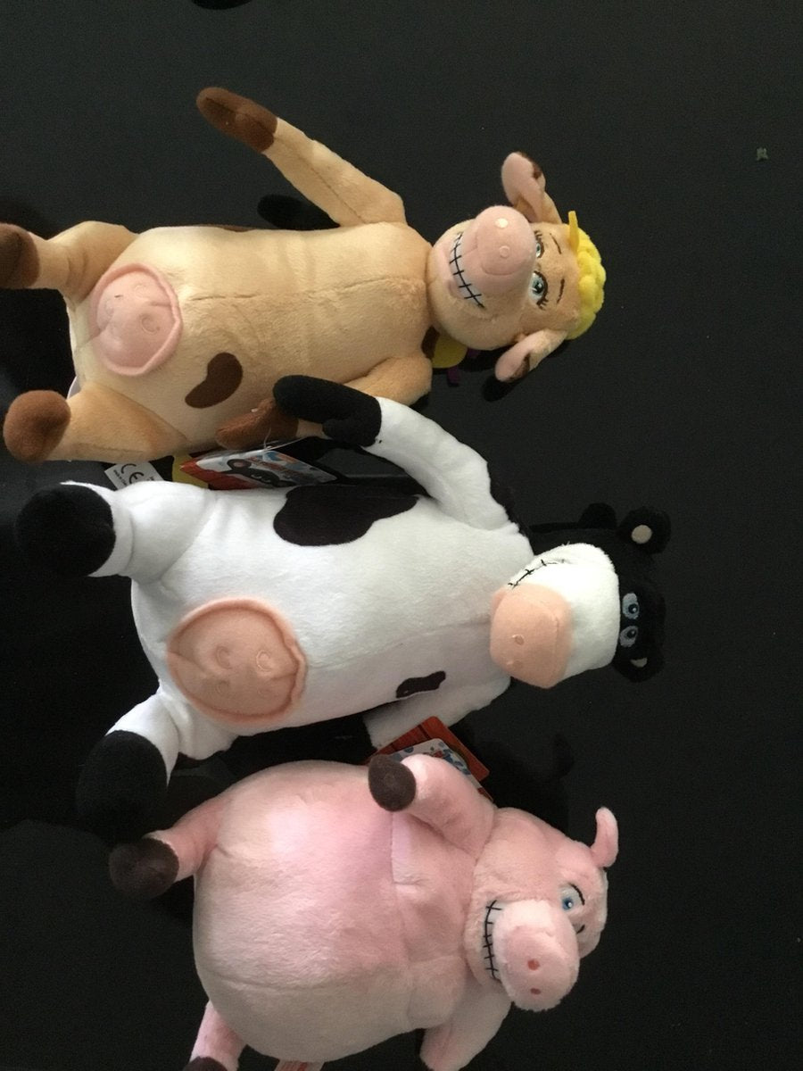 3 knuffels (2koeien+varken) "de zotte boerderij" jemini toys - verpakt in mooie geschenkzak dierenprint