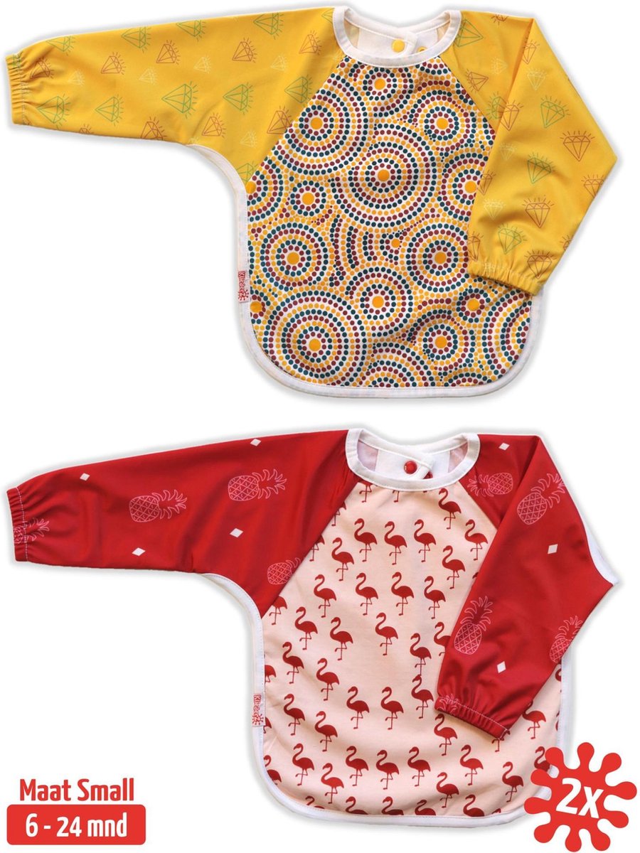 Slab met mouwen set 2 stuks | KliederZ lange mouwslab 6 - 24 mnd | meisje babyslab Aboriginal Art & Flamingo LB01