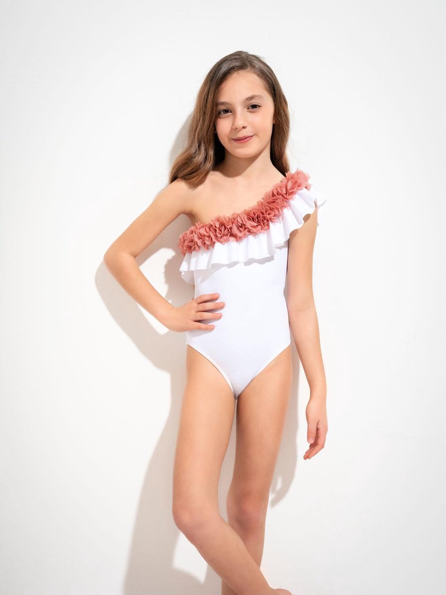VALENTINA Sneldrogende en UV Werend Badpak Meisjes - Zachte en Comfortabele Zwempak Meisjes / Zwemkleiding Meisjes van Gecertificeerde Premium Italiaanse Stof - Bikini Meisjes / Badmode Meisjes - Wit Roze - 9-10 jaar
