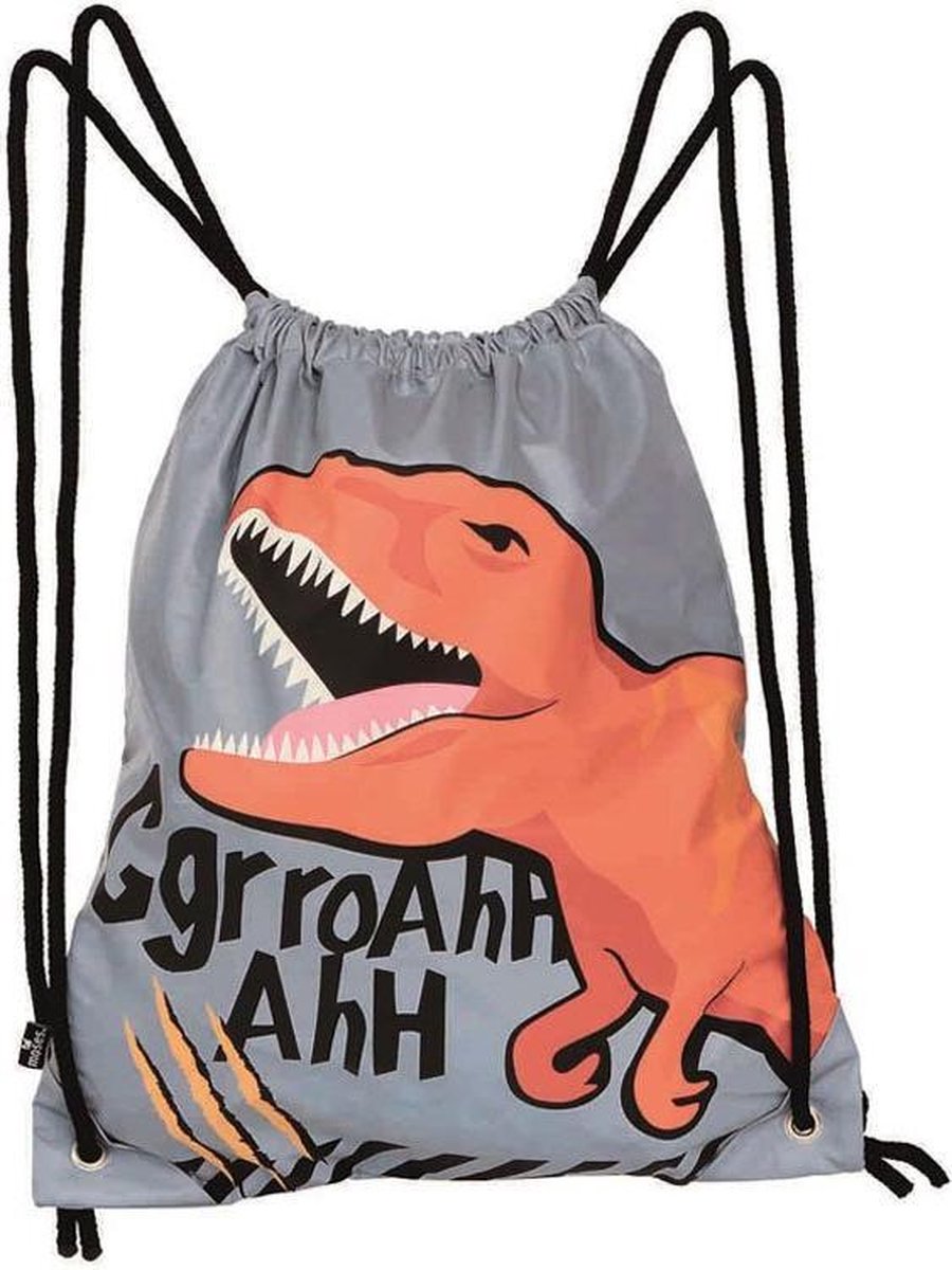 Trekkoord tas - Glimmend/reflecterend grijs met dinosaurus T-rex