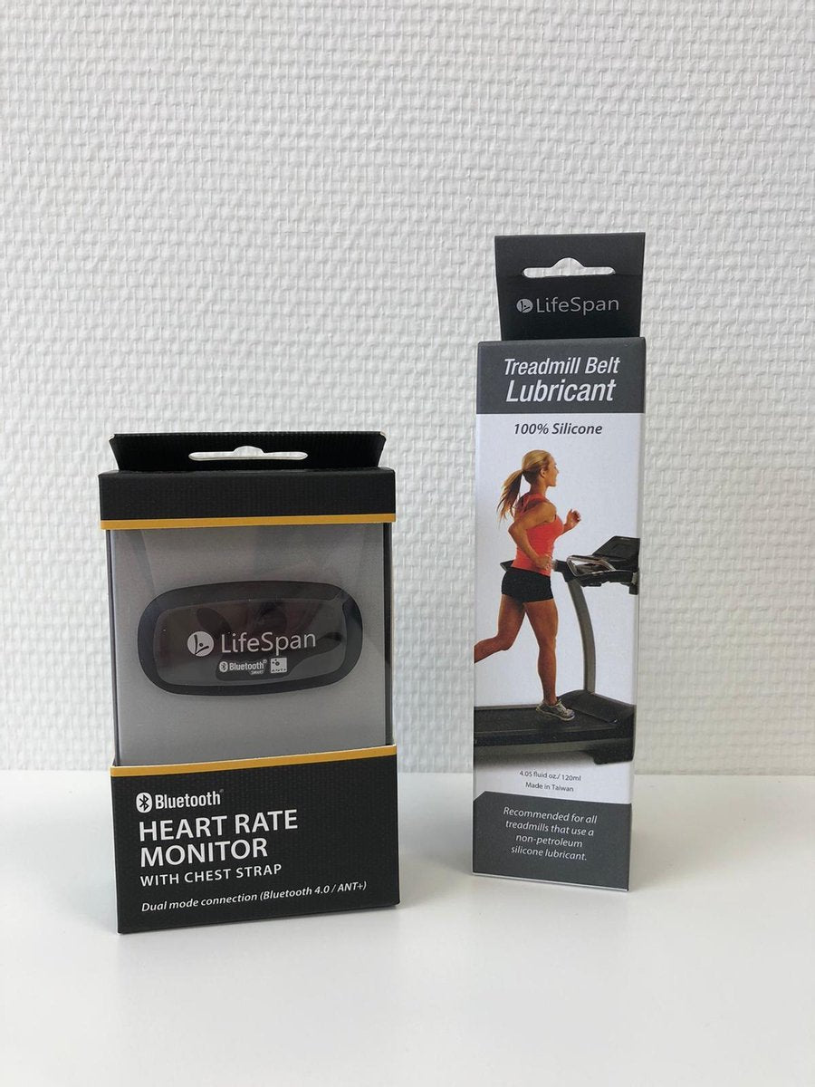LifeSpan Starters kit: LifeSpan Siliconen Spray voor het smeren van je loopband en LifeSpan Hartslagmeter met borstband voor het meten van je hartslag tijdens het trainen