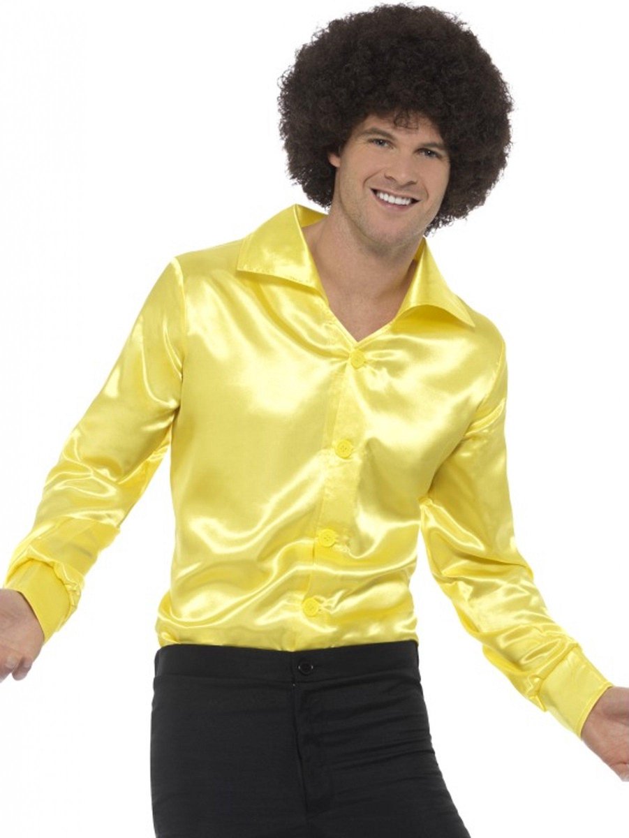 Fluo gele satijnachtige blouse voor mannen - Verkleedkleding