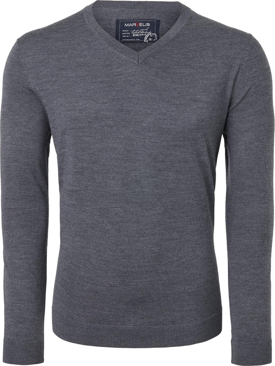 MARVELIS heren trui wol - V-hals - antraciet melange -  Maat: 4XL