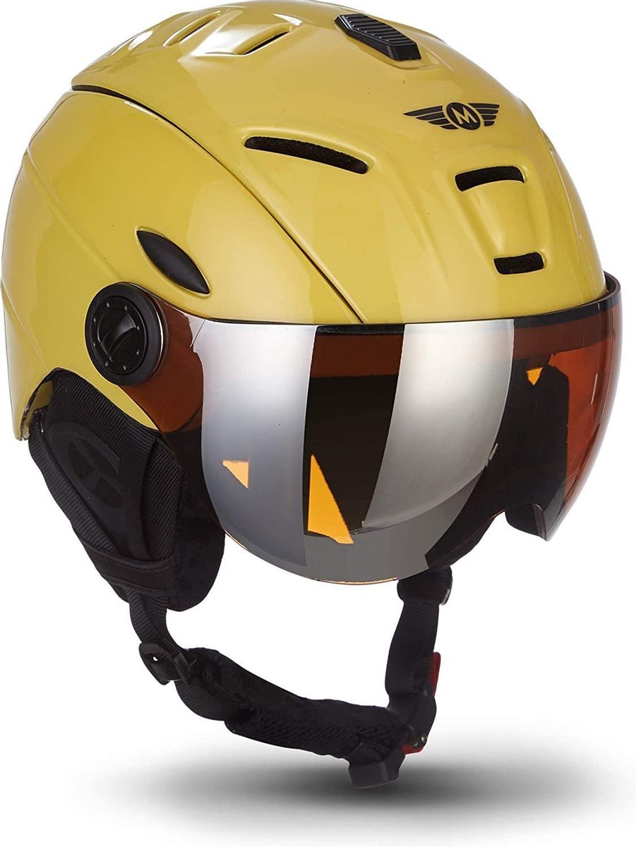 Skihelm geel dames heren met vizier L hoofdomtrek 59-60cm