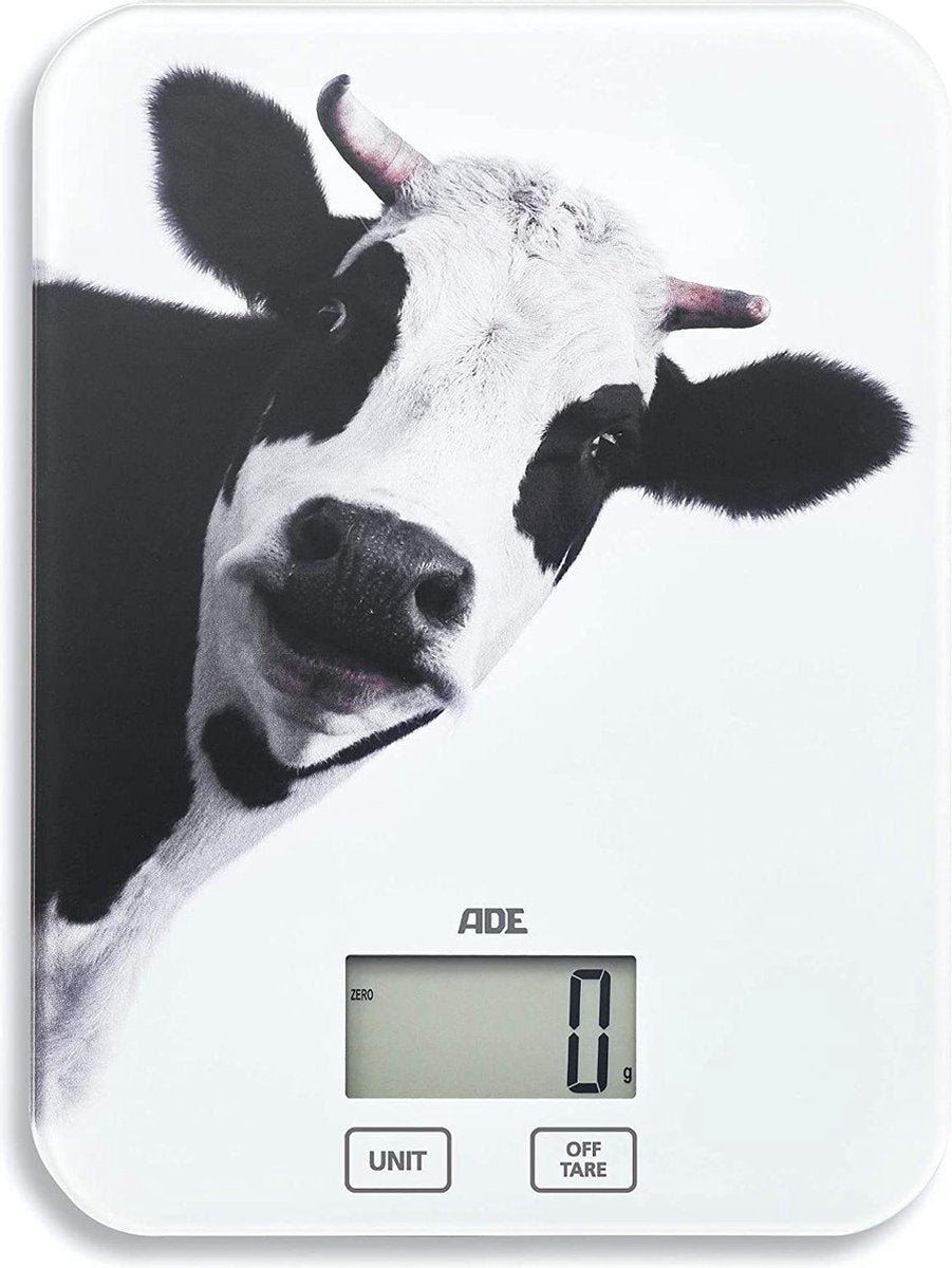 ADE digitale keukenweegschaal KE 1603 Inka. Elektronische weegschaal met koe-lifestyle-print