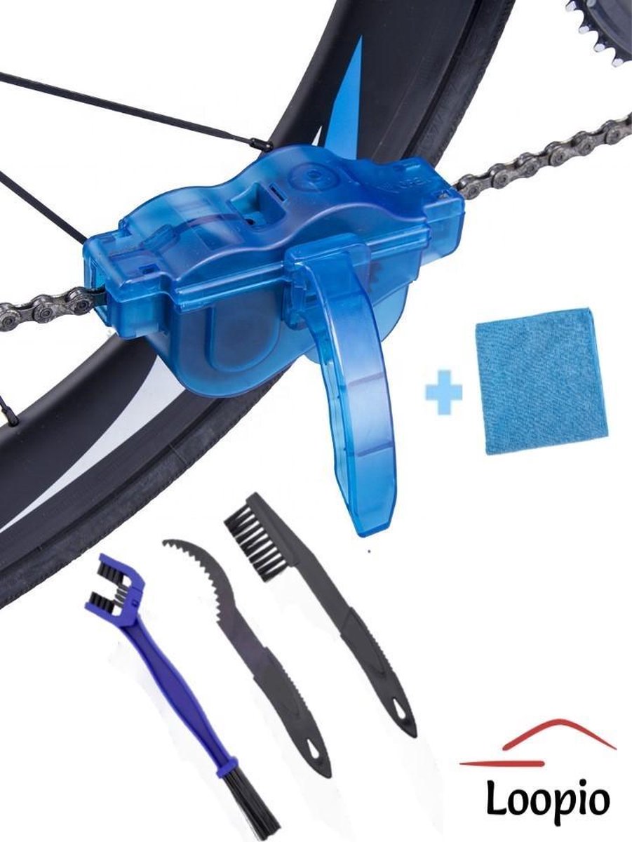 Loopio Fietsketting reiniger - Ketting schoonmaken - 5 delig - Roterende schoonmaakborstels - Fietsketting onderhoud - Fietsgereedschap - Kettingborstel - Versnelling cleaner - Geschikt voor elke fiets - Gratis microvezeldoekje - Fietskettingreiniger