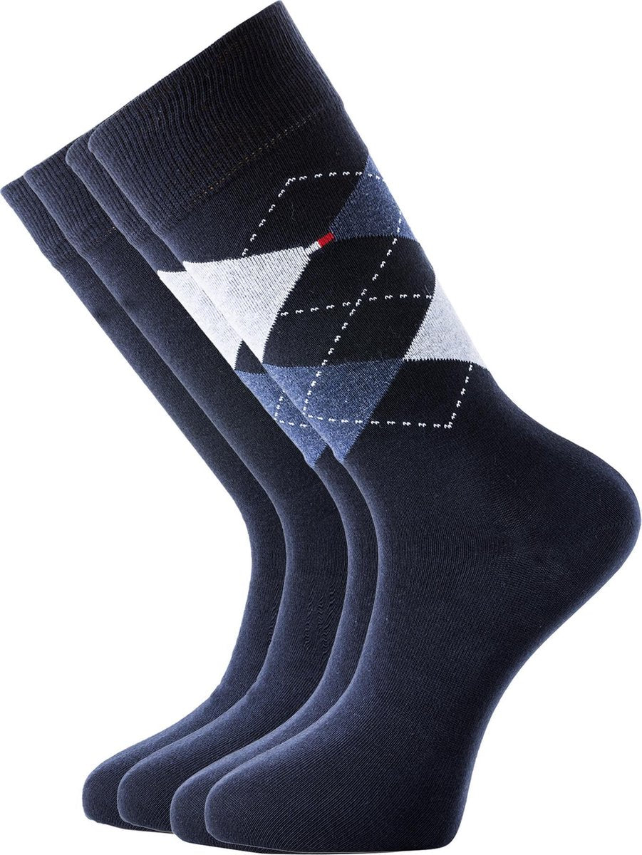 Tommy Hilfiger Check Socks (2-pack) - herensokken katoen - geruit en uni - donkerblauw -  Maat: 47-49